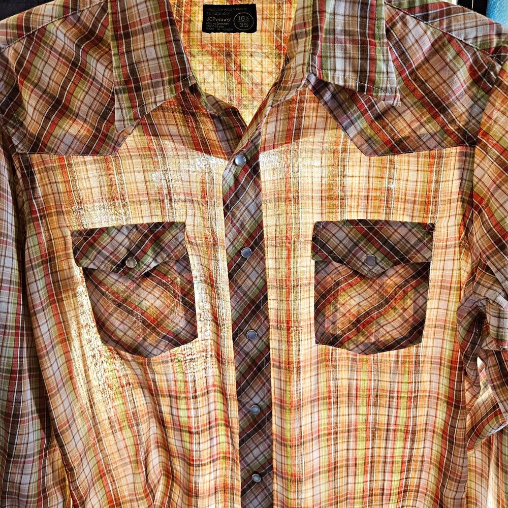 Vintage 70s JCPenney Pearl Snap Shirt Western Mens L 16.5/35 LS Korea Paper Thin